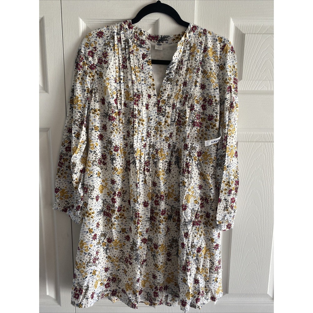 Old Navy Floral Pintuck Swing Dress Womens Size S‎ White Boho Long Sleeve Rayon